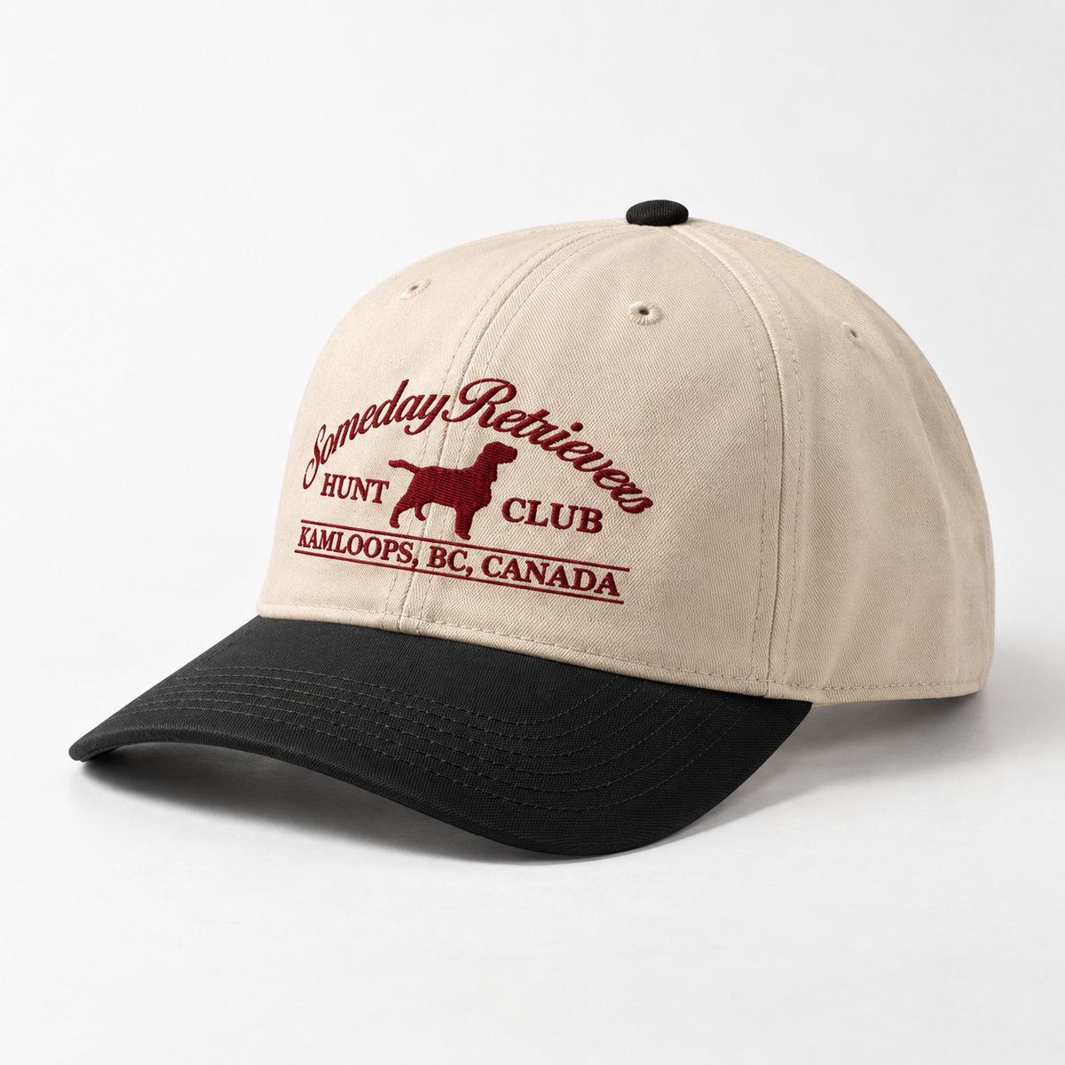 Someday 5 Panel cap from the side, showing the maroon retriever embroidery